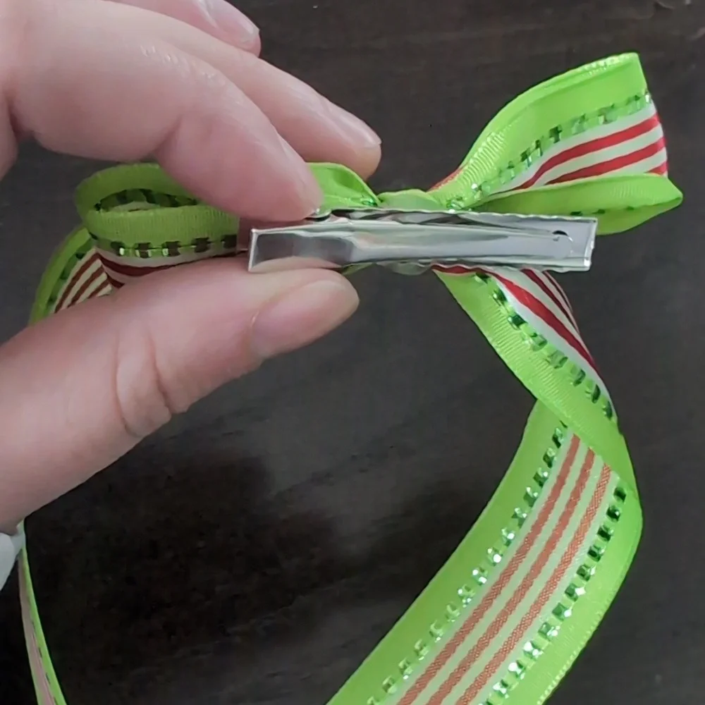 Festive Green and Red Striped Ribbon Bow
